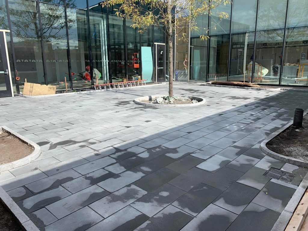 Paver walkway and plaza running alongside a glass-fronted commercial building